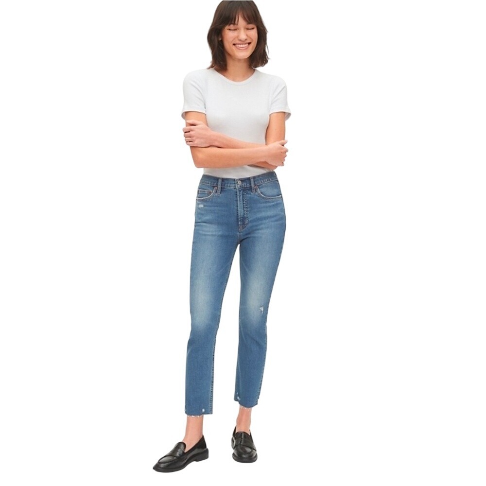 Gap Cigarette Jeans Womens 0/25 Tall Blue High Rise Raw Hem Distressed Slim Leg - Picture 1 of 7